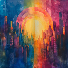 The painting depicts a cityscape with a rainbow arching over it