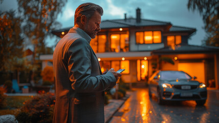 Fototapeta premium Man looks at smartphone wearing a suite standing near to his car, the car is from behind.generative ai