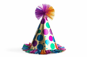 Festive cone hat with vibrant polka dots and tassel on white background, symbolizing celebration