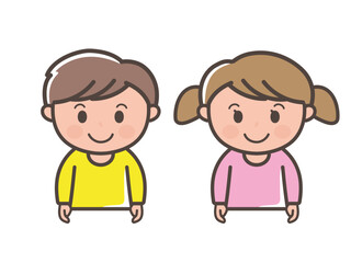 笑顔で正面を向く男の子と女の子の上半身イラスト（小学生、幼児、子供）