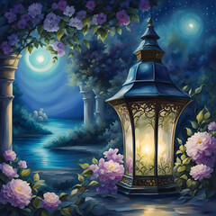 a fairy tale garden with brightly lit lanterns and flowers, oil painting