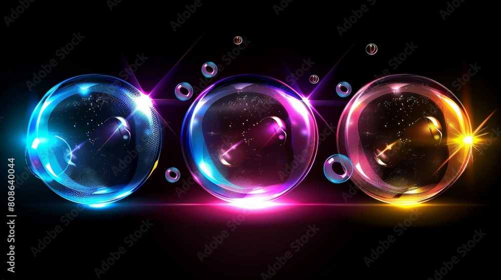 Poster modern illustration of bursting soap bubbles with reflections and highlights, transparent exploding 