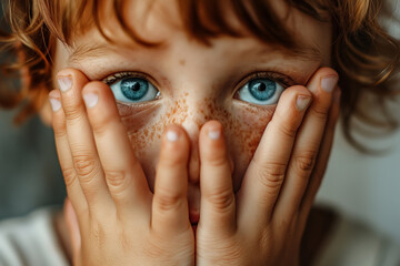 Сlose-up portrait of child hiding his face with hands. Concept of kid disease or bad emotion.