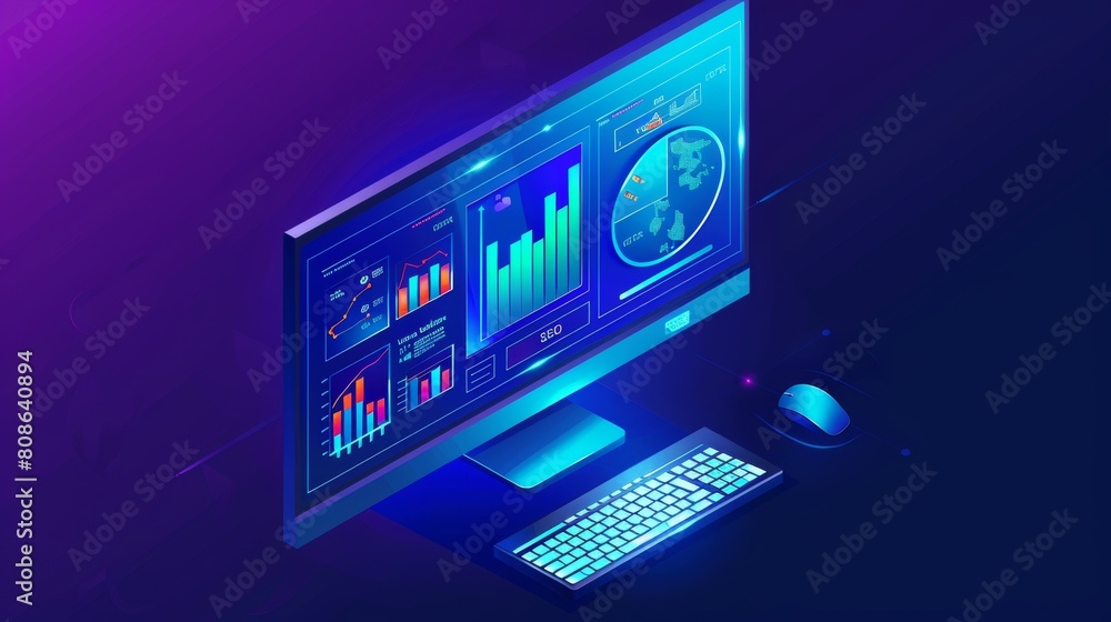 Poster this is an illustration of search engine optimization analytics, illustrating a computer monitor wit