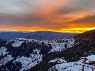 Beautiful landscape Sunrise in the winter snow covered mountains. Kufri, India