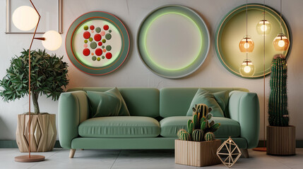 Modern living design, green couch, circular pop art, stylish lamp