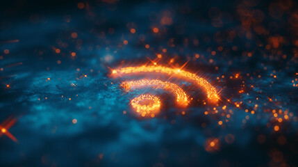A blue background with a Wi-Fi symbol in orange