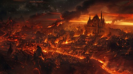 Surreal close-up of lava cracks, foregrounding a smoke-shrouded demonic city under a starless night, mystical and haunting