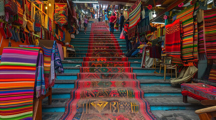 Staircase in a busy market, vibrant with the colors and activities of local vendors.