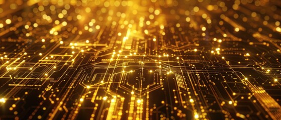 Naklejka premium gold tech abstract, glowing wires and circuit nodes, intricate design
