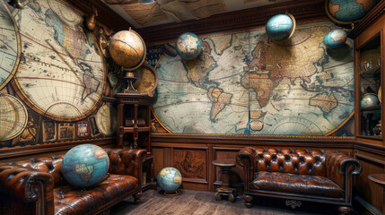 Traditional map room featuring aged wall murals of the world, classic globes, and leather furnishings.