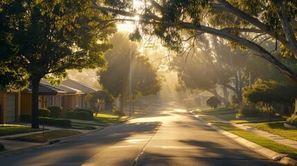 Sunbeams break through the branches over a landscaped suburban street, showcasing the blend of natural beauty and planned urban structure