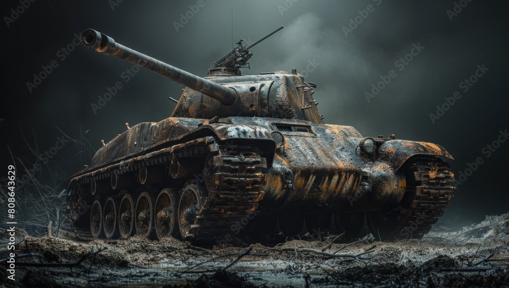 Aufkleber play with light and shadow to add depth and dimension to the image, enhancing the tank's presence on