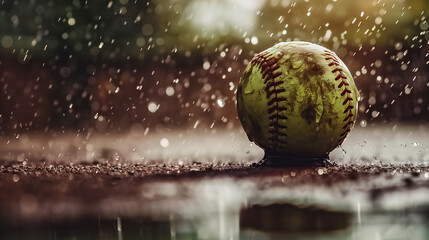 schmutziger gelb verfärbter baseball liegt im regen