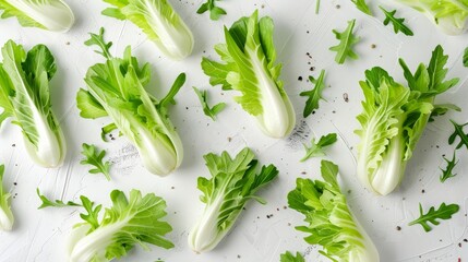 Studio-lit fresh endive frisee chicory salad, top view on a solid white backdrop, showcasing the vibrant green, natural layout, captured in raw style
