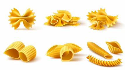 A set of dry pasta and macaroni, with penne, fusilli, rigatoni, conchiglie, farfalle, and chiferri isolated on a white background, for use as design elements in food advertisements.