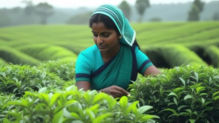 Indian woman collecting tea leaves into basket at plantation. Plantation worker.