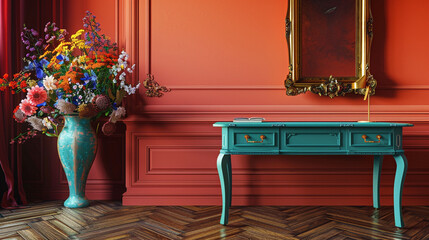 Charming office with warm coral walls, turquoise desk, dark wood floors, and a brass frame.