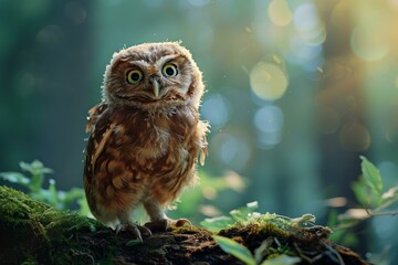 Enchanting Cute baby owl in forest. Beautiful fluffy raptor bird staring with big eyes. Generate ai