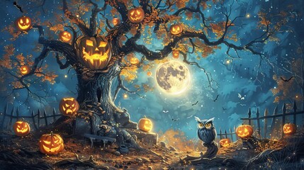 A whimsical haunted tree with a face, surrounded by miniature, grinning jack o'lanterns Friendly owls with oversized eyes roost in the branches under a full moon