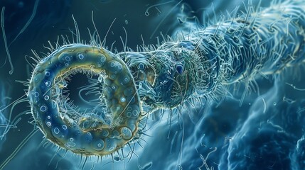Soil nematode examined in stunning detail, a scientific illustration mimicking the depth and precision of a scanning electron microscope - obrazy, fototapety, plakaty