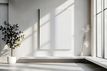 Large blank white painting on the wall in a minimalist room. Interior design visualization