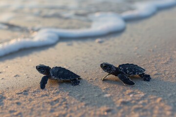Sand-caked Baby turtles on beach sand. Wild ocean newborn sea turtles on coast. Generate ai