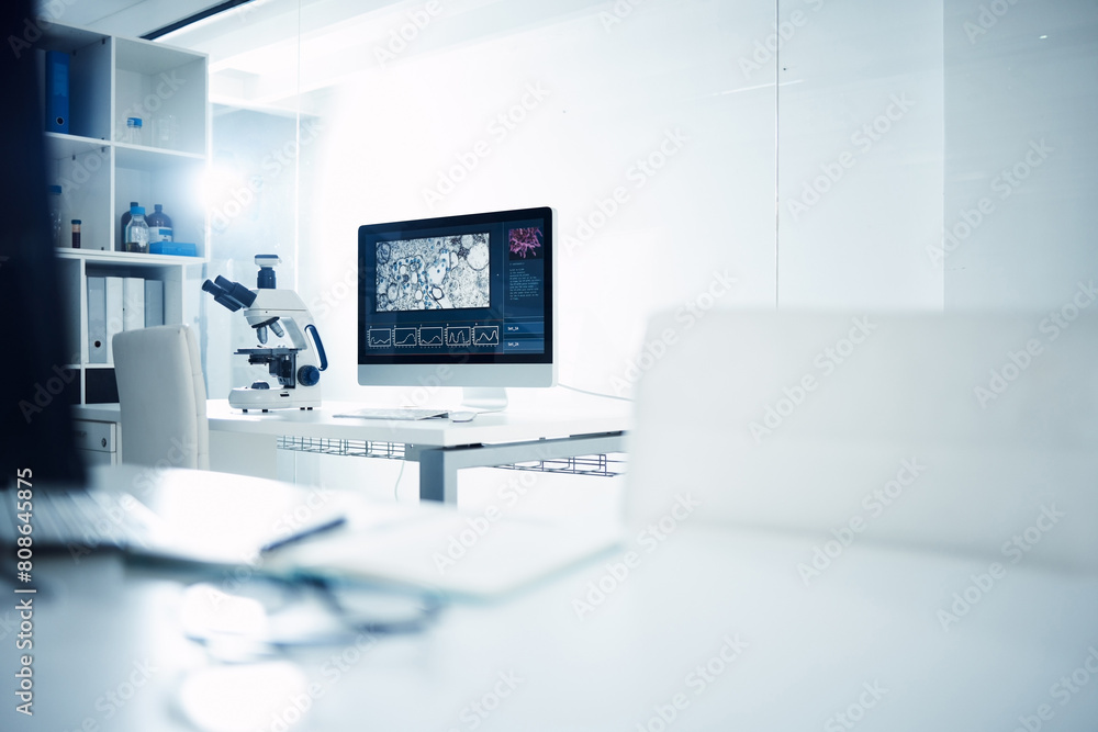 Poster Empty, room and microscope with computer in laboratory for medical workspace, science and innovation for research breakthrough. Interior, equipment and desktop with technology for experiment and work