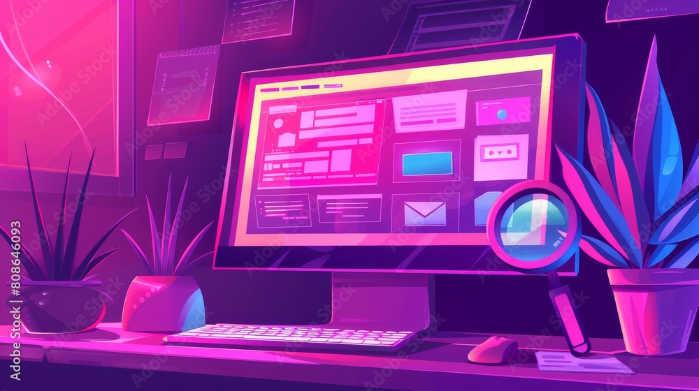 Poster in this illustration, there is a computer monitor with website browser information on the screen, ma