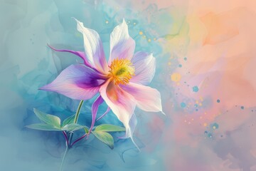 Painted in fluid strokes of watercolor, the Columbine flower emerges in all its intricate beauty, each petal delicately rendered to capture its ethereal essence.