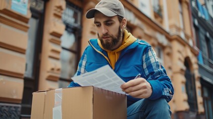 Courier holding carton box and delivery receipt