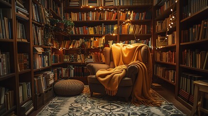 Cozy reading nook with a comfy chair, blankets, and bookshelves filled with literary classics in soft lighting