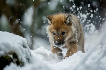Fluffy Baby wolf in snow nature. Natural wild puppy. Generate Ai