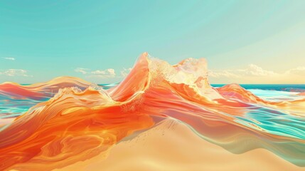 An art piece depicting wind waves crashing on a beach with mountains in the background, under a...