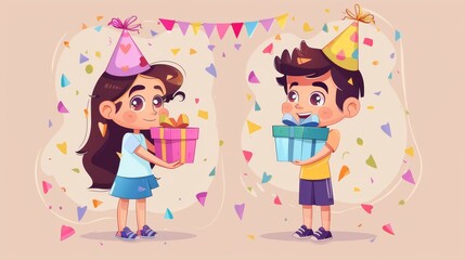 The kids birthday party invitation banners feature a girl receiving a gift from a boy. Images include confetti, garlands and a child in a festive hat holding the present.