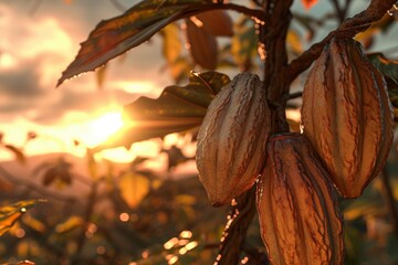 cocoa plantation at sunset. generative ai