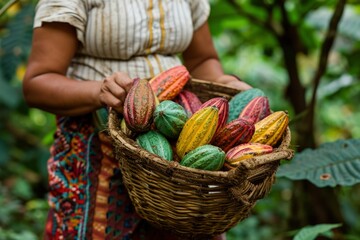 woman hold basket of cocoa beans. generative ai