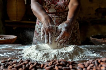 woman laying flour on table in front of cocoa beans. generative ai
