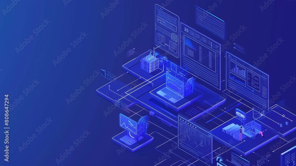 Poster hris isometric landing page. human resources information system it and hr technologies, people at mu