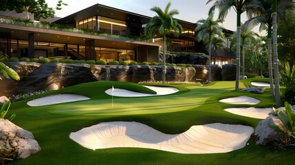 Fototapeta premium Realistic golf course inside of a mansion made of Synthetic grass, generative ai