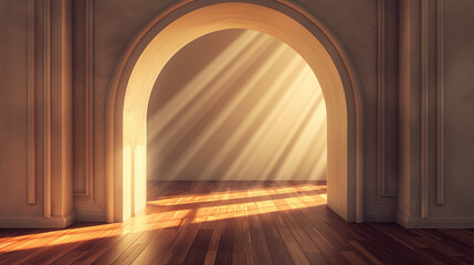 Vector gallery with a dark walnut wooden floor and elegant sunlight ambiance.