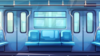 Modern realistic background with glass windows, sliding doors, handrails and chairs in metro carriages. Empty subway wagon inside with seats, windows and closed doors.