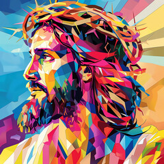 Colorful Abstract Digital Painting Portrait of Jesus Christ Wearing a Crown of Thorns