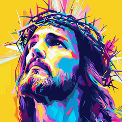 Colorful Abstract Digital Painting Portrait of Jesus Christ Wearing a Crown of Thorns