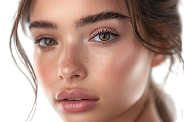 Fototapeta premium Half portrait of young beautiful girl with brown eyes, glowing face skin and lips on isolated transparent background