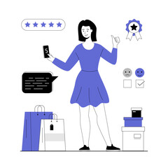 Feedback concept. Woman leaving comment with her experience and give five star rating. Vector illustration with line people for web design.