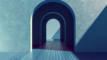 Gallery, 3D, elliptical arch, indigo floor, sharp shadows, vector