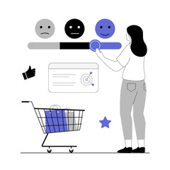 Customer satisfaction, review, feedback. Woman chooses a good smile for her reaction. Vector illustration with line people for web design.