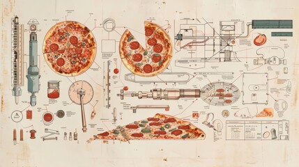 Vintage-style technical illustrations and schematics depicting pizza and related tools, with an engineering or design theme overlay.