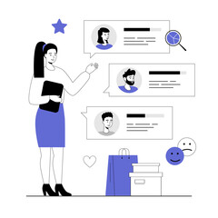 Customer reviews, feedback page. Woman reading user experience comments and client satisfaction rating. Vector illustration with line people for web design.